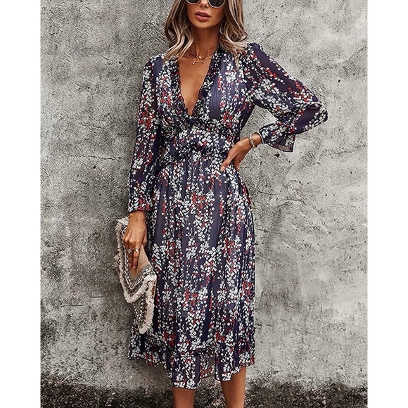 Welity Puff Sleeve V-Neck Ruffle Layer Swing Midi Dress for Women, Navy Blue | S - Picture 8 of 10